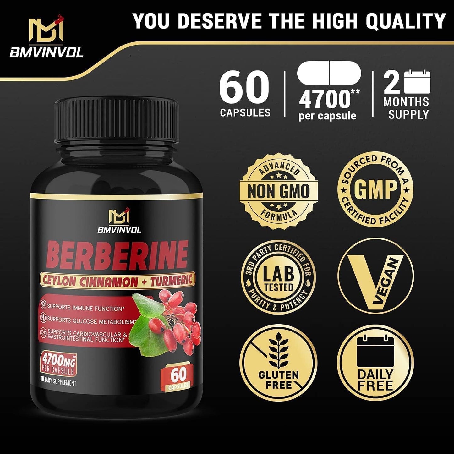 Berberine Supplement 4700mg - Supports Immune Function, Improves Cardiovascular Heart and Gastrointestinal Wellness - Berberine HCI Supplement - 60 Capsules*