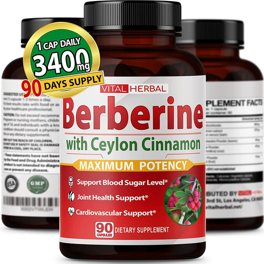 Berberine with Ceylon Cinnamon Capsules Equivalent to 3400 mg Maximum Potency with Gymnema Sylvestre Ashwagandha Black Pepper - Glucose Metabolism Support - 90 Days Supply