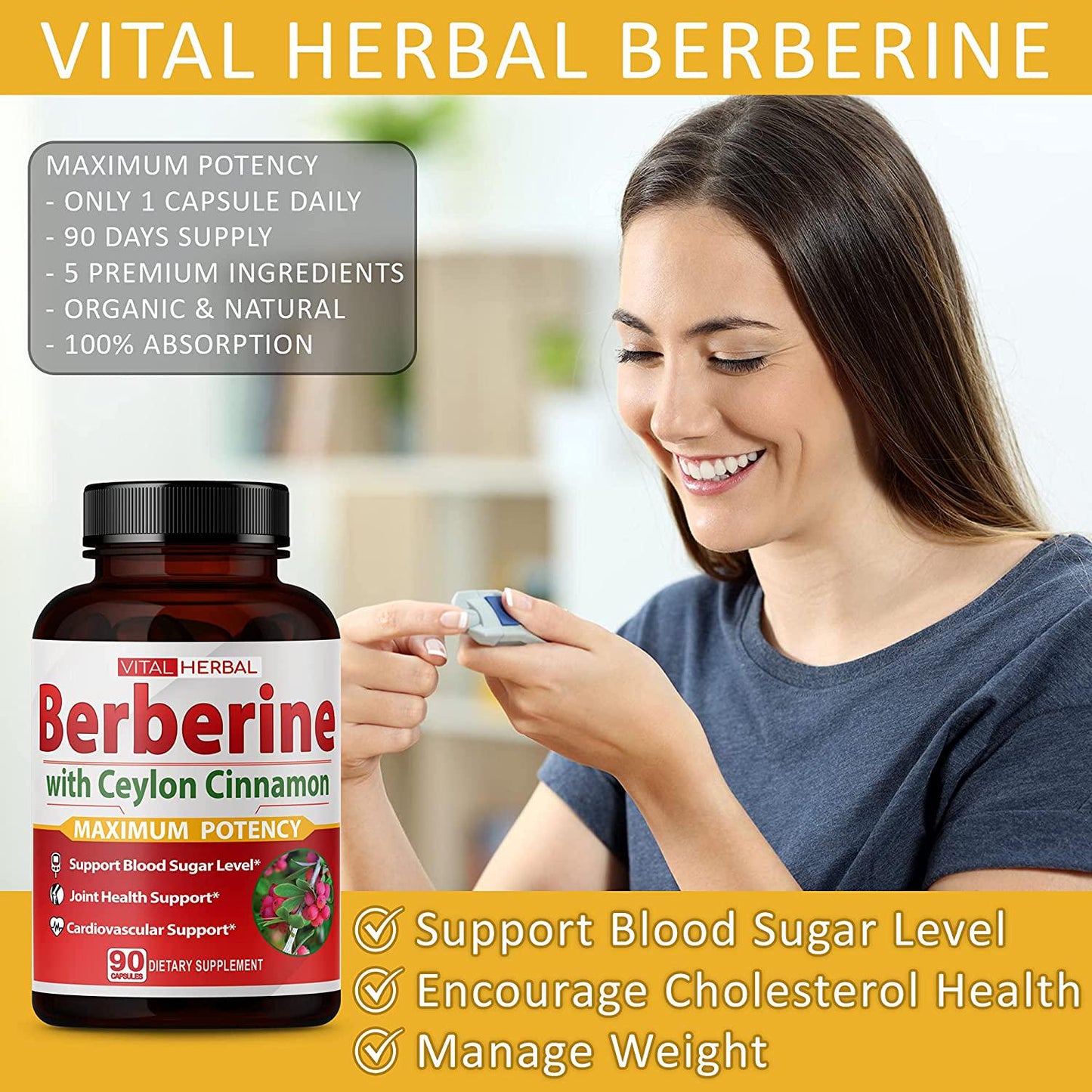 Berberine with Ceylon Cinnamon Capsules Equivalent to 3400 mg Maximum Potency with Gymnema Sylvestre Ashwagandha Black Pepper - Glucose Metabolism Support - 90 Days Supply