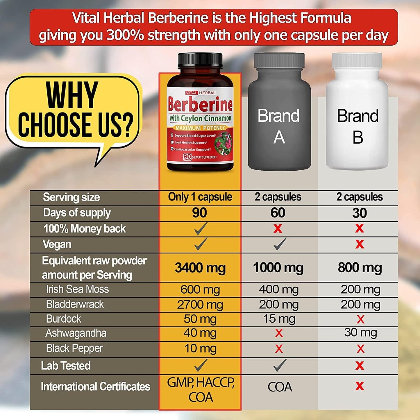 Berberine with Ceylon Cinnamon Capsules Equivalent to 3400 mg Maximum Potency with Gymnema Sylvestre Ashwagandha Black Pepper - Glucose Metabolism Support - 90 Days Supply