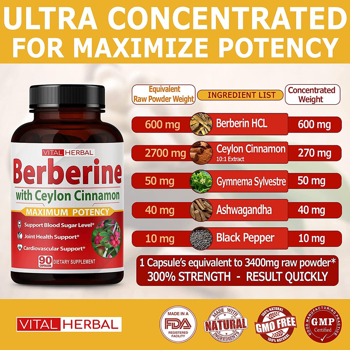 Berberine with Ceylon Cinnamon Capsules Equivalent to 3400 mg Maximum Potency with Gymnema Sylvestre Ashwagandha Black Pepper - Glucose Metabolism Support - 90 Days Supply