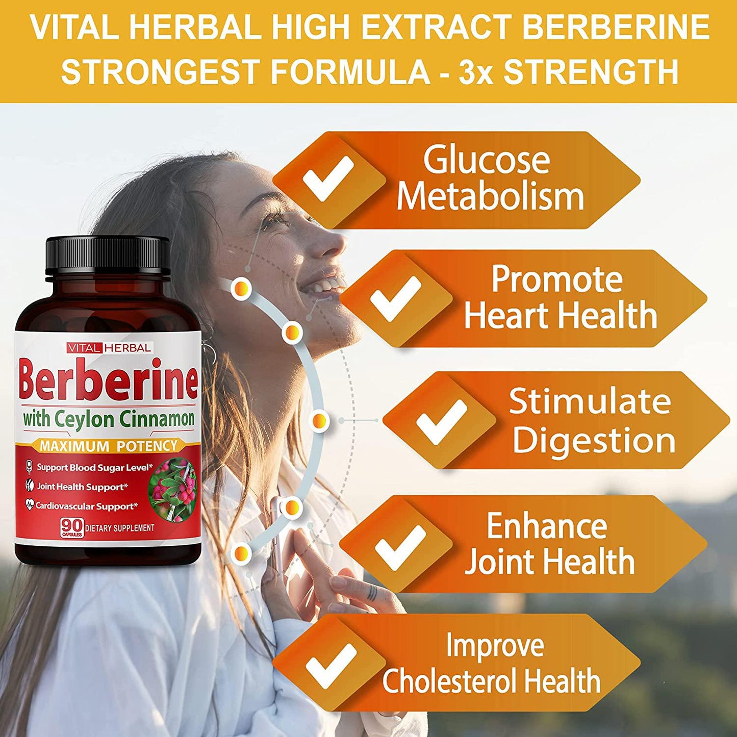 Berberine with Ceylon Cinnamon Capsules Equivalent to 3400 mg Maximum Potency with Gymnema Sylvestre Ashwagandha Black Pepper - Glucose Metabolism Support - 90 Days Supply