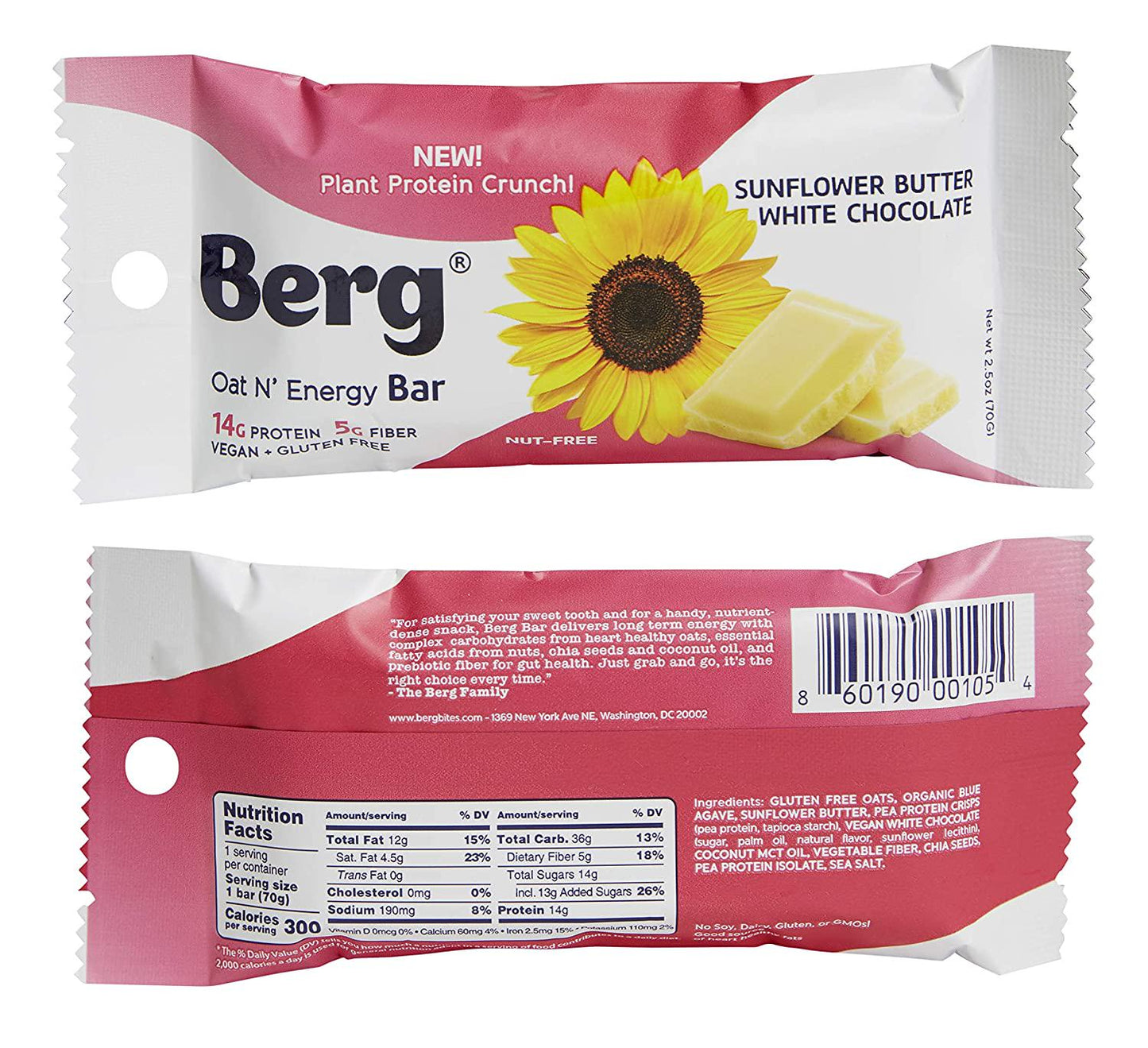 Berg Oat N' Energy Bar | Plant Based Protein Bar | Non-GMO, Gluten Free, Nut Free and Vegan | Low Sugar, Healthy Snack Bar | High Fiber | On The Go | 2.5oz, Pack of 8 (Variety)