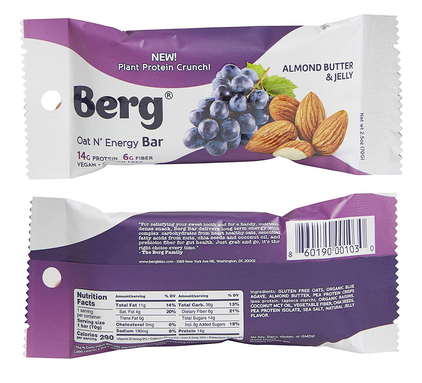 Berg Oat N' Energy Bar | Plant Based Protein Bar | Non-GMO, Gluten Free, Nut Free and Vegan | Low Sugar, Healthy Snack Bar | High Fiber | On The Go | 2.5oz, Pack of 8 (Variety)