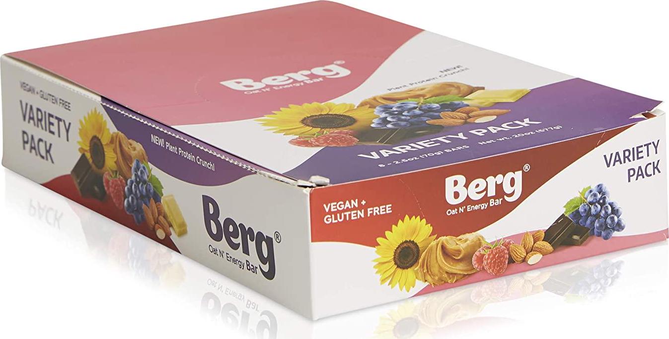 Berg Oat N' Energy Bar | Plant Based Protein Bar | Non-GMO, Gluten Free, Nut Free and Vegan | Low Sugar, Healthy Snack Bar | High Fiber | On The Go | 2.5oz, Pack of 8 (Variety)