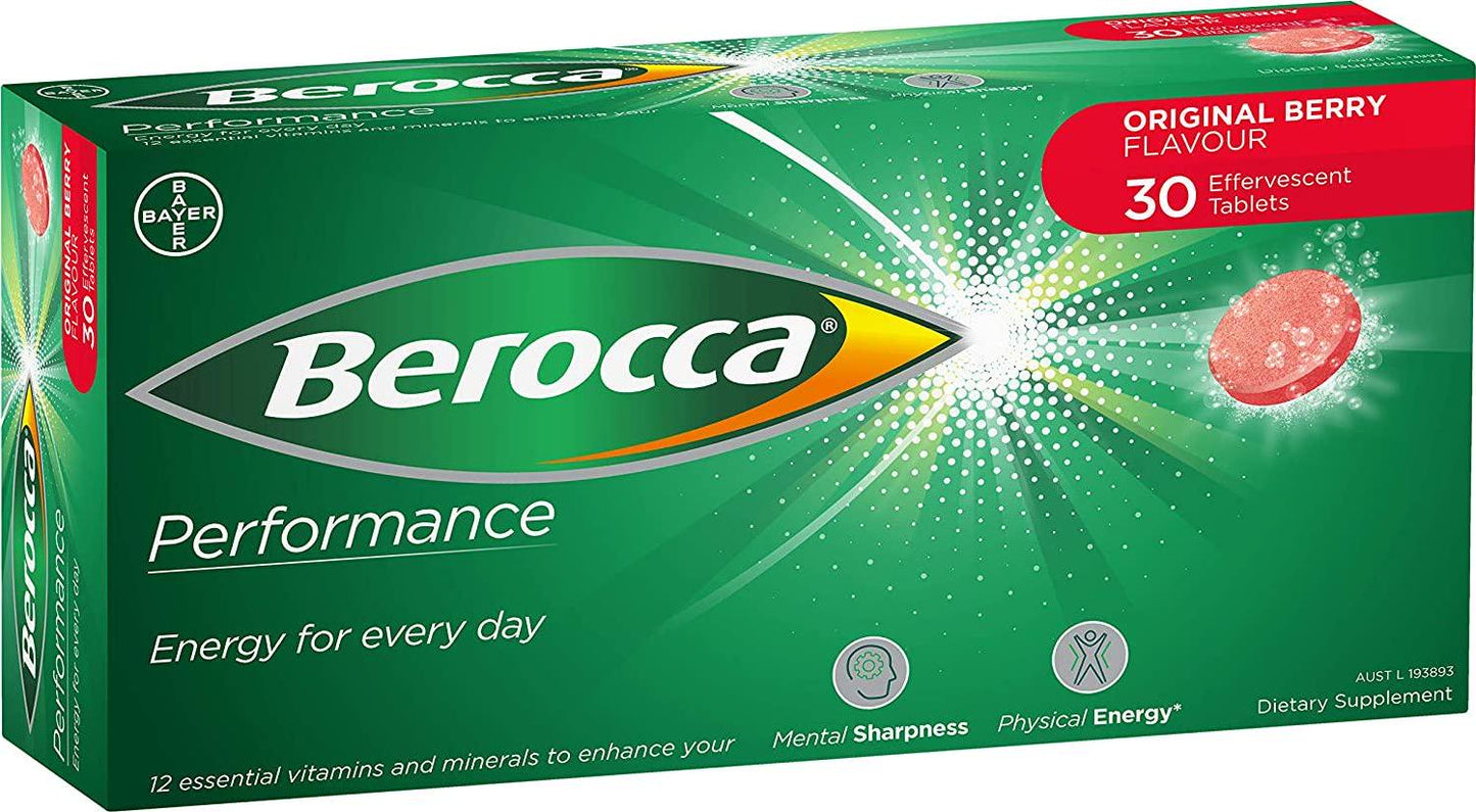 Berocca Performance 30 Effervescent Tablets- Original Berry Flavor International Version Caffeine Free