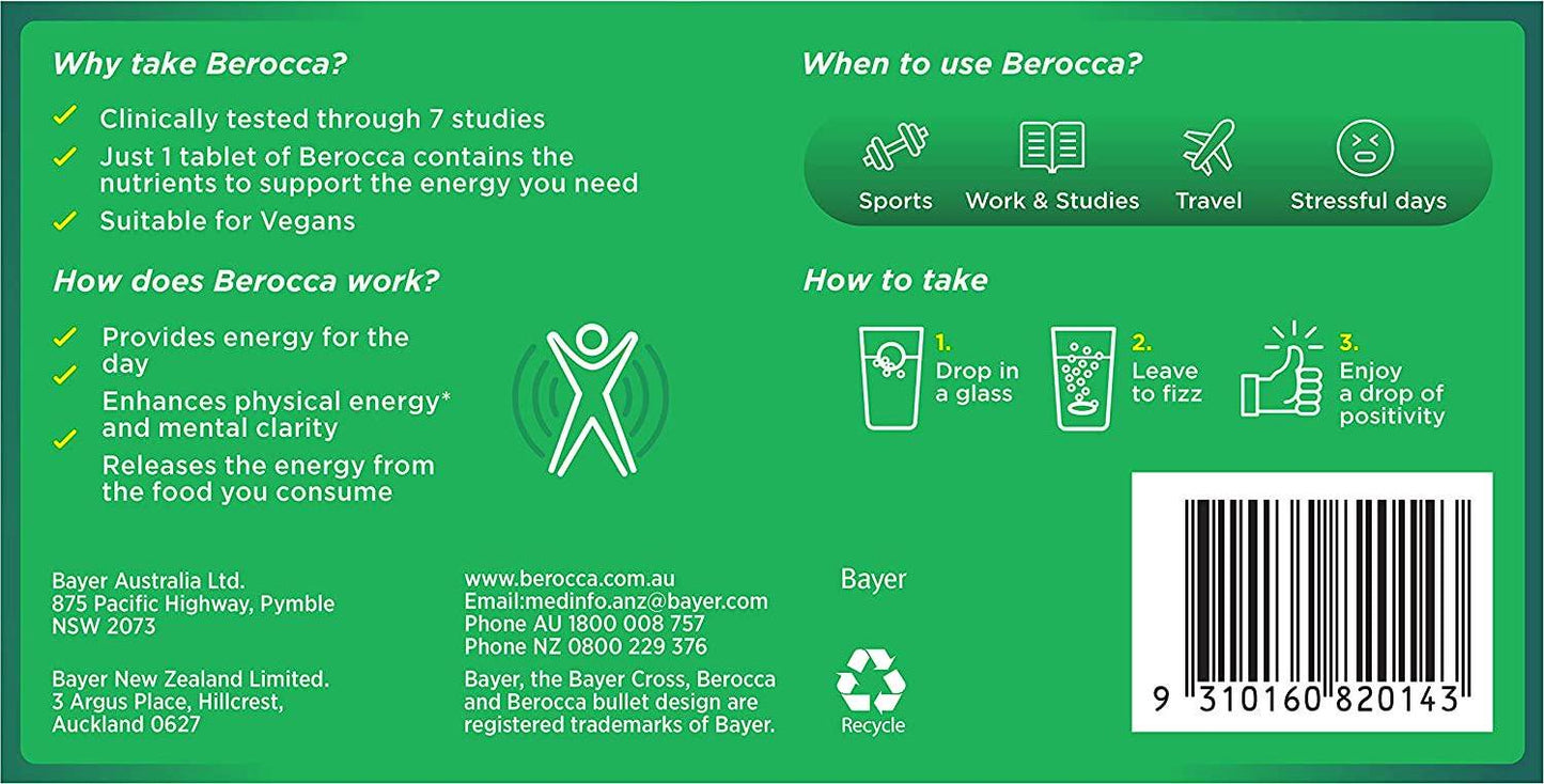 Berocca Performance 30 Effervescent Tablets- Original Berry Flavor International Version Caffeine Free