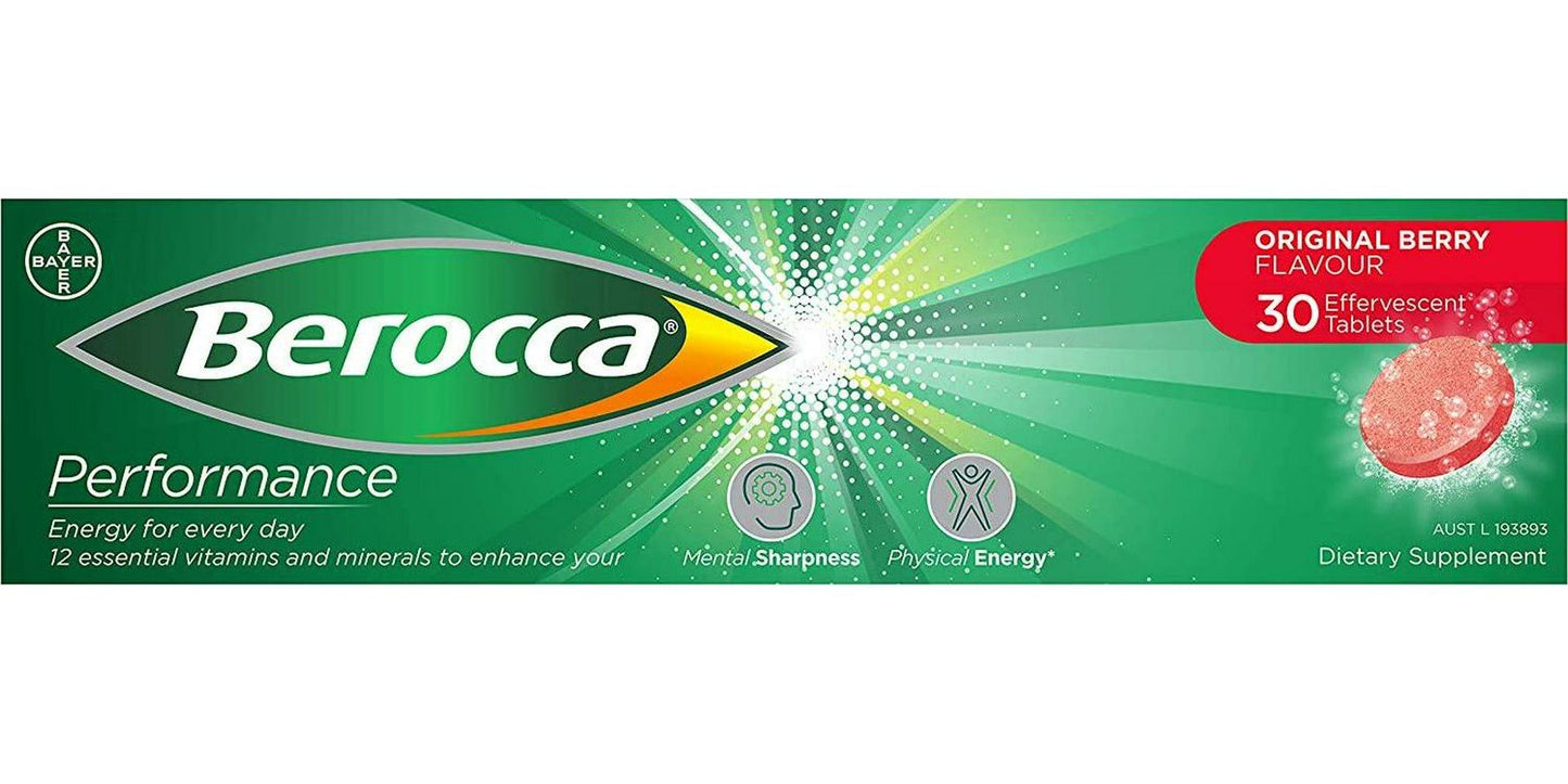 Berocca Performance 30 Effervescent Tablets- Original Berry Flavor International Version Caffeine Free
