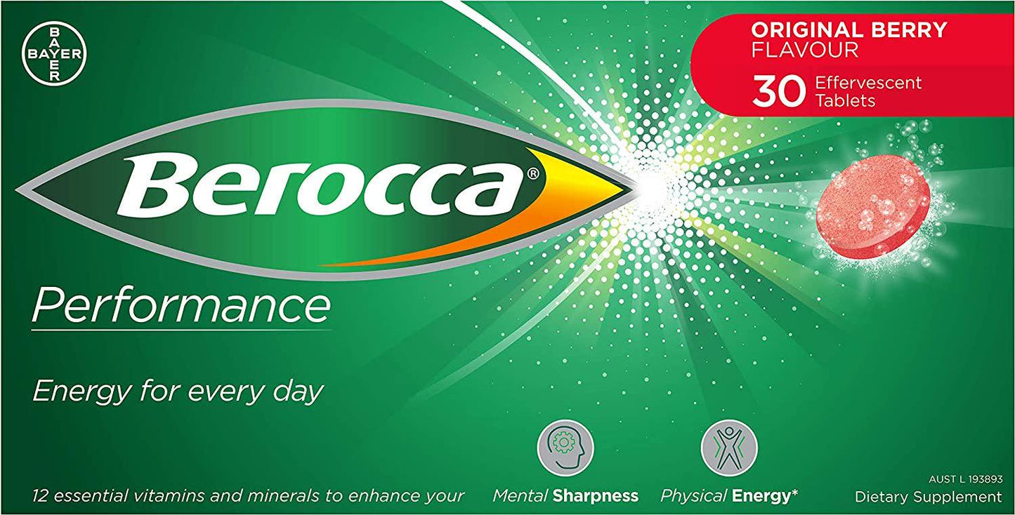 Berocca Performance 30 Effervescent Tablets- Original Berry Flavor International Version Caffeine Free