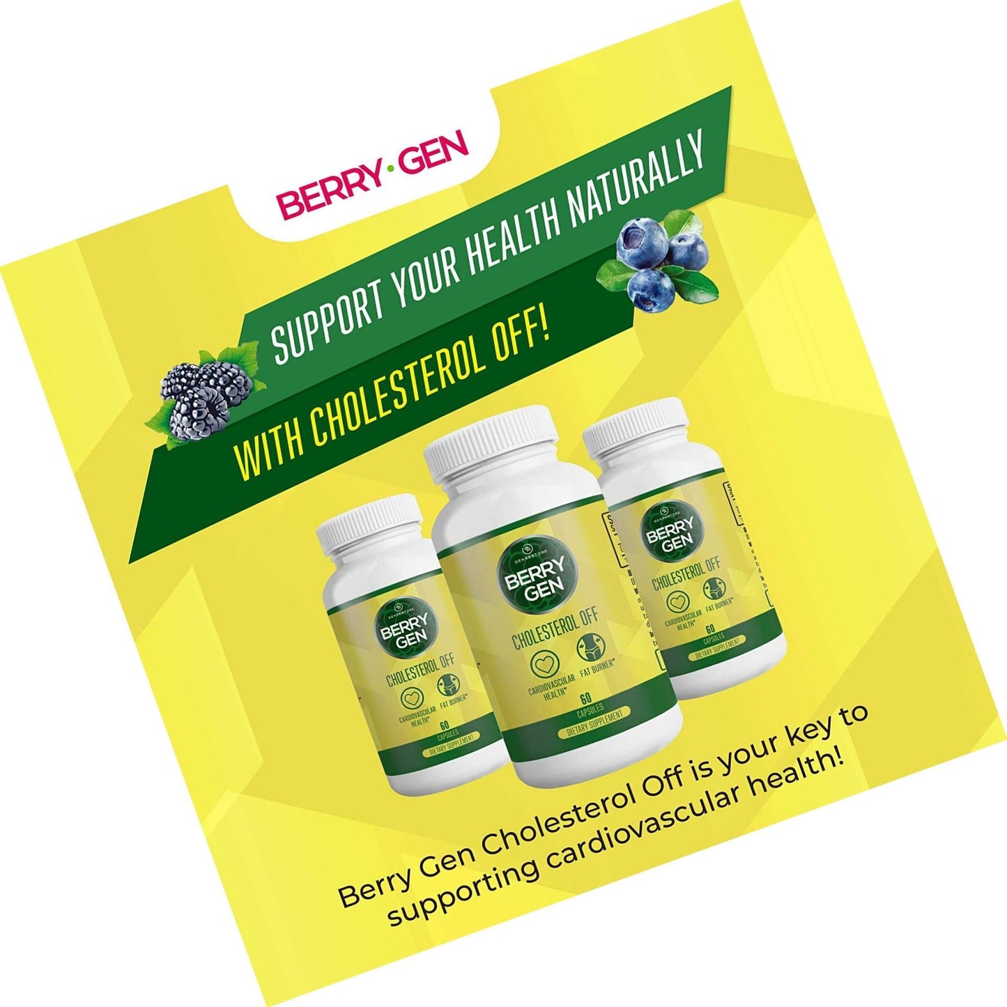 Berry Gen: Cholesterol Off Heart Health Support Herbal Supplement with Green Tea - 60 Capsules - Natural Formula - Supports Energy, Cardiovascular Health, and More - Made in The USA