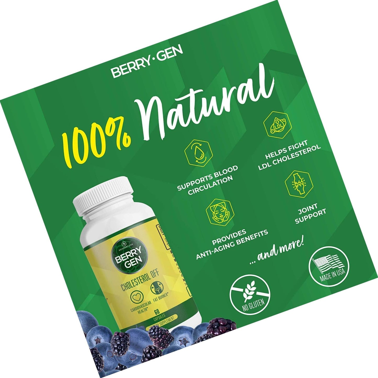 Berry Gen: Cholesterol Off Heart Health Support Herbal Supplement with Green Tea - 60 Capsules - Natural Formula - Supports Energy, Cardiovascular Health, and More - Made in The USA