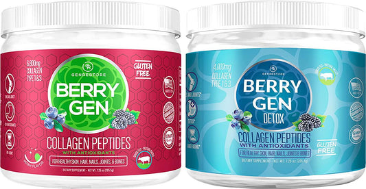 Berry Gen Restore + Berry Gen Detox - Colágeno de Doble acción y antioxidantes, péptidos de colágeno alimentados con hierba, Gran sabor, polvo fácil de mezclar. Colageno Hidrolizado Colageina.