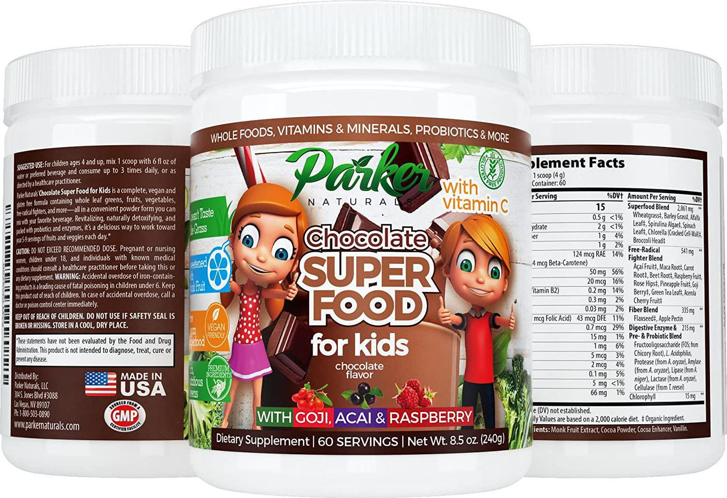 Berry Green Chocolate Superfood Powder 60 Servings for Kids with Organic Greens and Fruits, Enzymes, Probiotics, Antioxidants, Vitamins, Minerals, Vitamin C - Non GMO, Vegan and Gluten Free