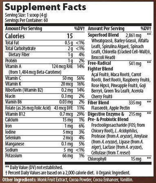 Berry Green Chocolate Superfood Powder 60 Servings for Kids with Organic Greens and Fruits, Enzymes, Probiotics, Antioxidants, Vitamins, Minerals, Vitamin C - Non GMO, Vegan and Gluten Free
