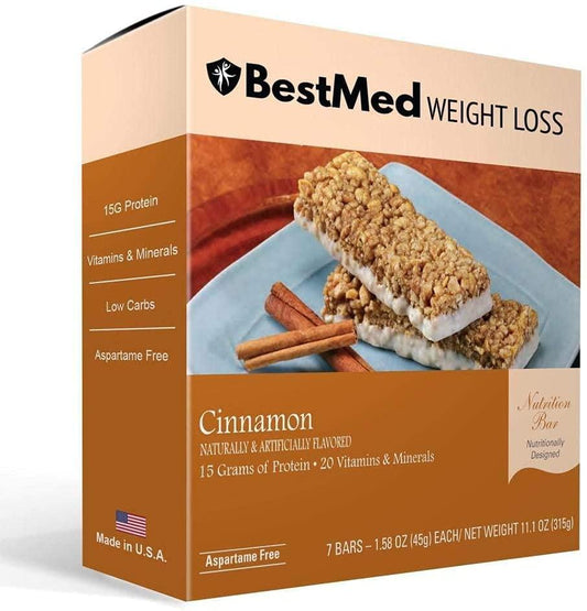 BestMed - High Protein Nutrition Bar - Low-Carb, 15g Protein, Low Sugar, High Fiber, Low Calorie, Meal Replacement Bar (Cinnamon, 1 Box - 7 Count)
