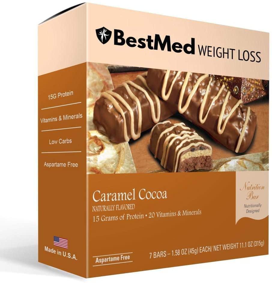 BestMed - High Protein Nutrition Bar - Low-Carb, 15g Protein, Low Sugar, High Fiber, Low Calorie, Meal Replacement Bar (Caramel Cocoa, 1 Box - 7 Count)