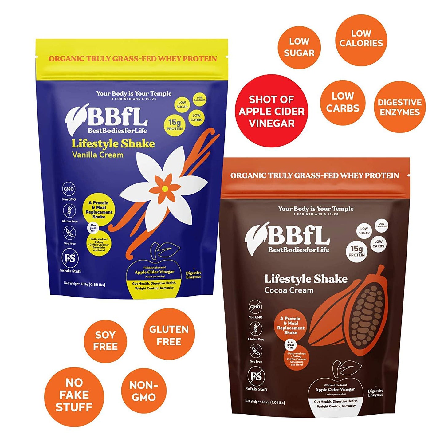 Best Bodies for Life - Meal Replacement Powder with A Shot of Apple Cider Vinegar - 15g Organic Grass Fed Whey Protein Lifestyle Shake - 15 Servings, Cocoa Cream