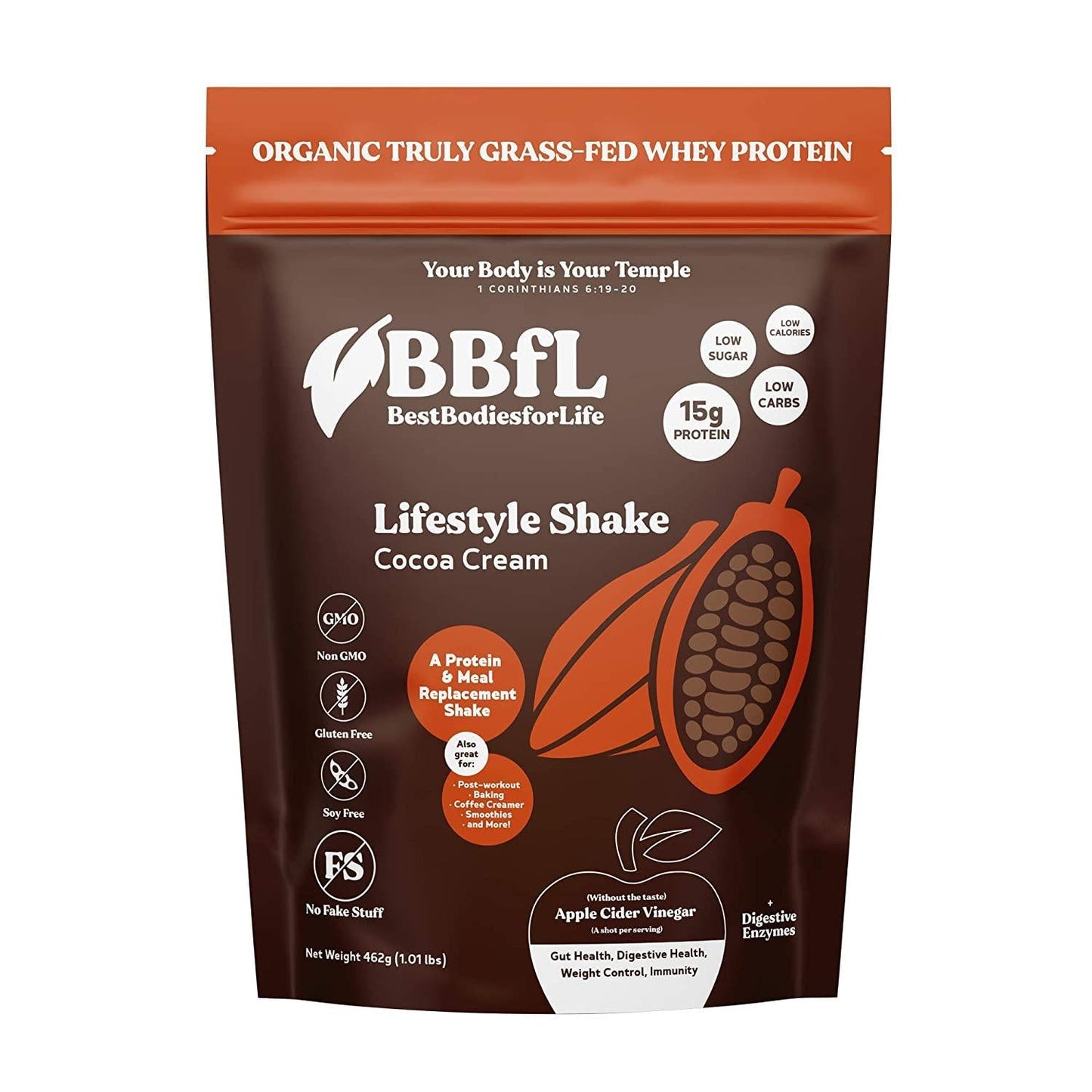 Best Bodies for Life - Meal Replacement Powder with A Shot of Apple Cider Vinegar - 15g Organic Grass Fed Whey Protein Lifestyle Shake - 15 Servings, Cocoa Cream