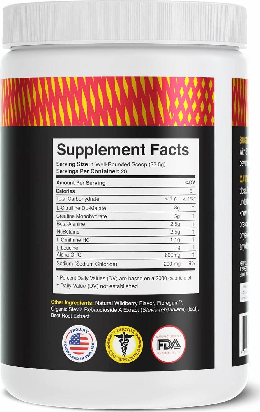 Best Caffeine Free Natural Pre Workout Supplement for Women and Men Powerful Nitric Oxide Booster, Non Stimulant w/Beta Alanine, Citrulline, Alpha GPC, Creatine, Betaine - Strawberry Lemonade