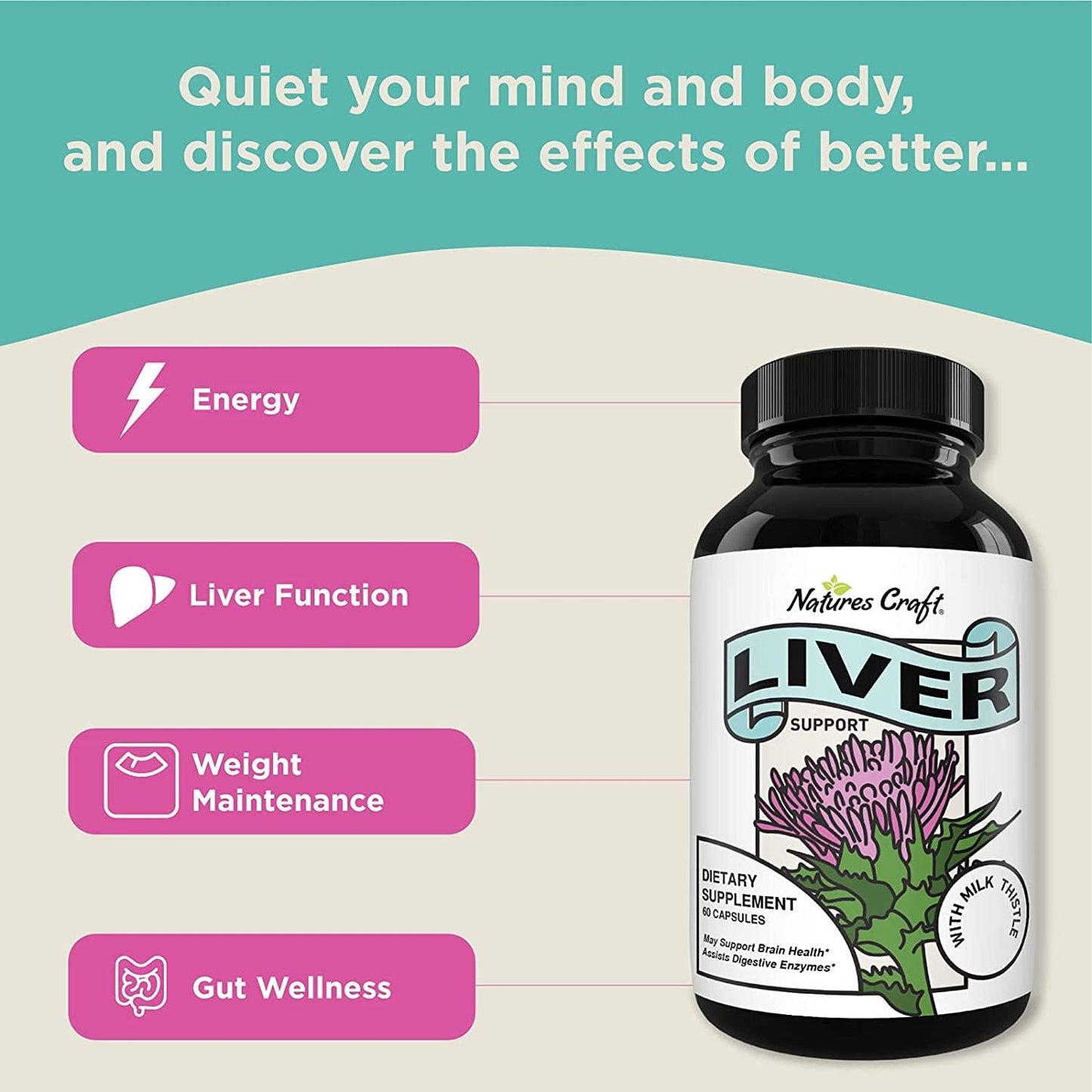 Best Liver Supplements with Milk Thistle - Artichoke - Dandelion Root Support Healthy Liver Function for Men and Women Natural Detox Cleanse Capsules Boost Immune System Relief - Natures Craft