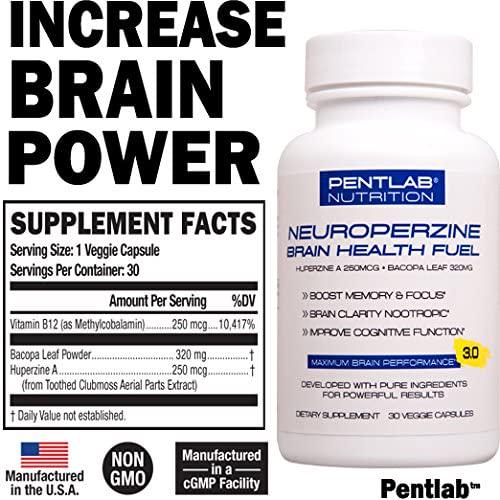 Best Natural Brain Function Booster - Memory, Focus and Clarity Formula - Nootropic scientifically formulated Bacopa Monneri Huperzine A, Neuroperzine Brain Health Fuel Pentlab 30 Veg Cap. Non-GMO