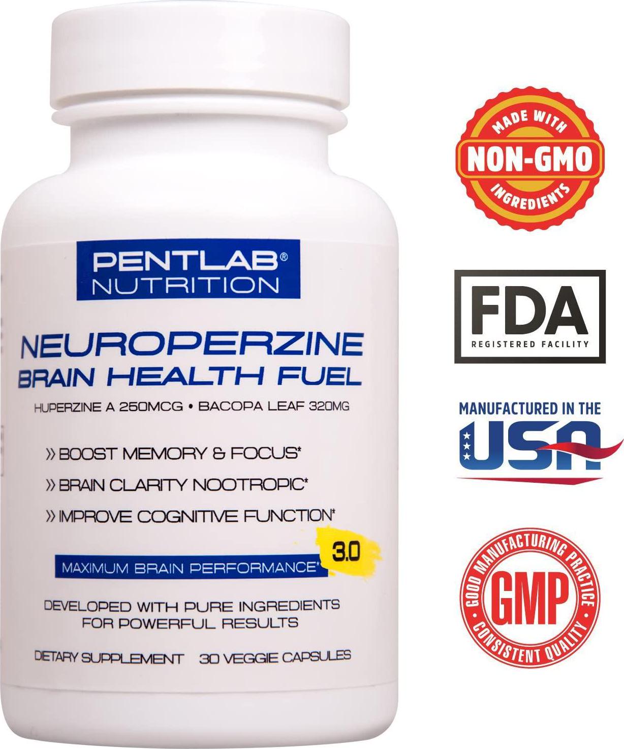 Best Natural Brain Function Booster - Memory, Focus and Clarity Formula - Nootropic scientifically formulated Bacopa Monneri Huperzine A, Neuroperzine Brain Health Fuel Pentlab 30 Veg Cap. Non-GMO