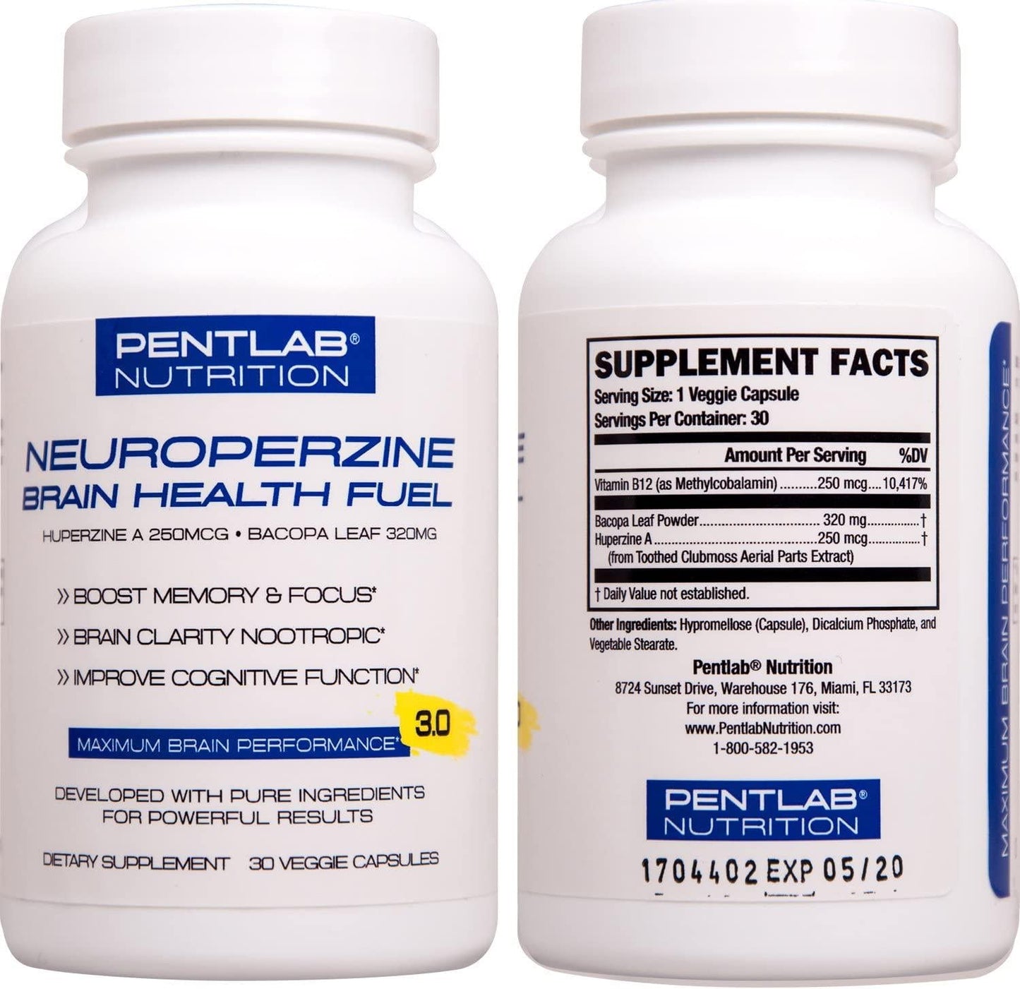 Best Natural Brain Function Booster - Memory, Focus and Clarity Formula - Nootropic scientifically formulated Bacopa Monneri Huperzine A, Neuroperzine Brain Health Fuel Pentlab 30 Veg Cap. Non-GMO
