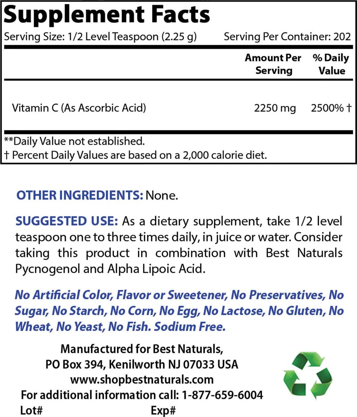 Best Naturals 100% Pure Vitamin C Powder 1 Lb (454 Grams) Powder (Also Called Ascorbic Acid)