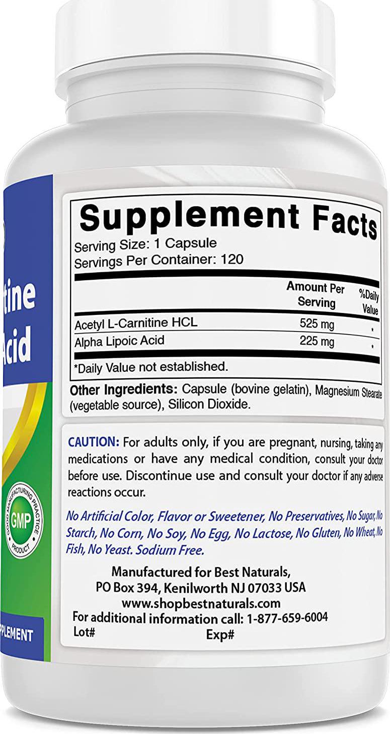 Best Naturals Acetyl L-Carnitine And Alpha Lipoic Acid 750 Mg 120 Capsules