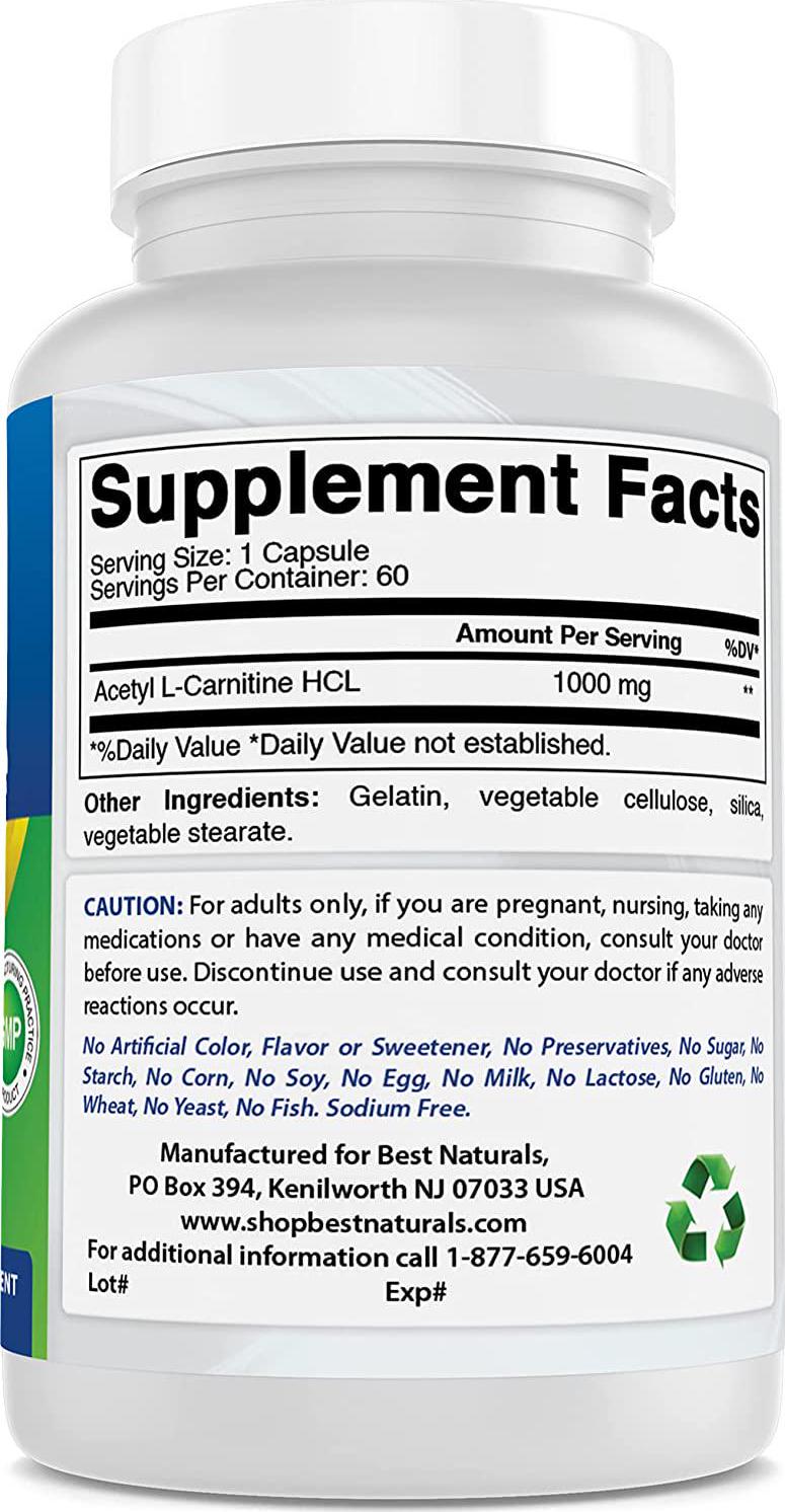 Best Naturals Acetyl L-Carnitine 1000 mg 60 Capsules (60 Count (Pack of 2))