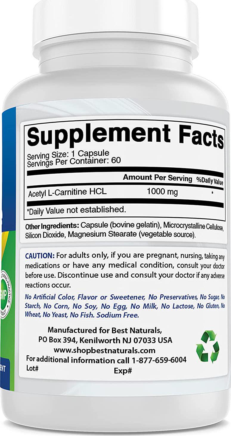 Best Naturals Acetyl L-Carnitine 1000mg Capsule, 60 Count