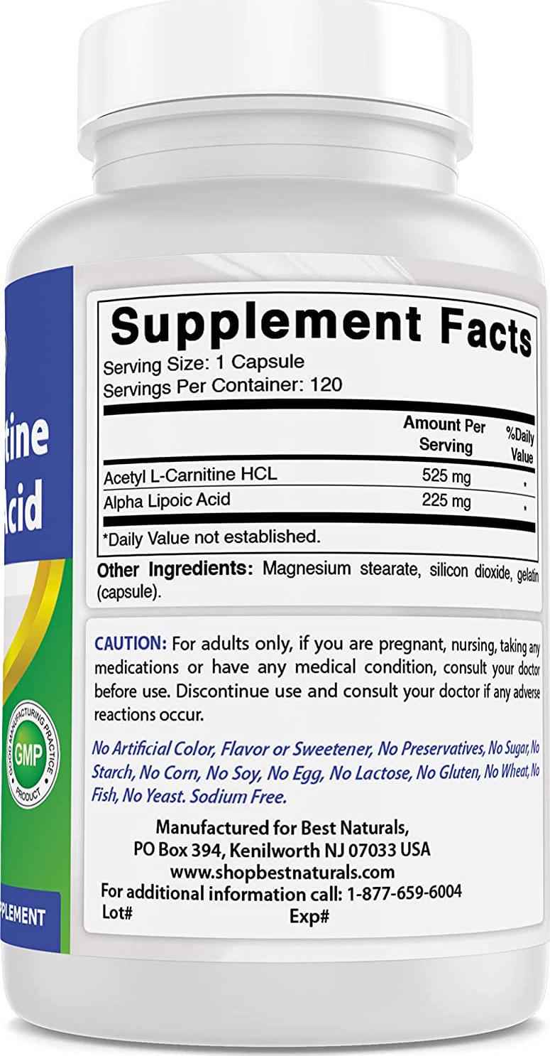 Best Naturals Acetyl L-Carnitine and Alpha Lipoic Acid 750 mg 120 Capsules (120 Count (Pack of 3))