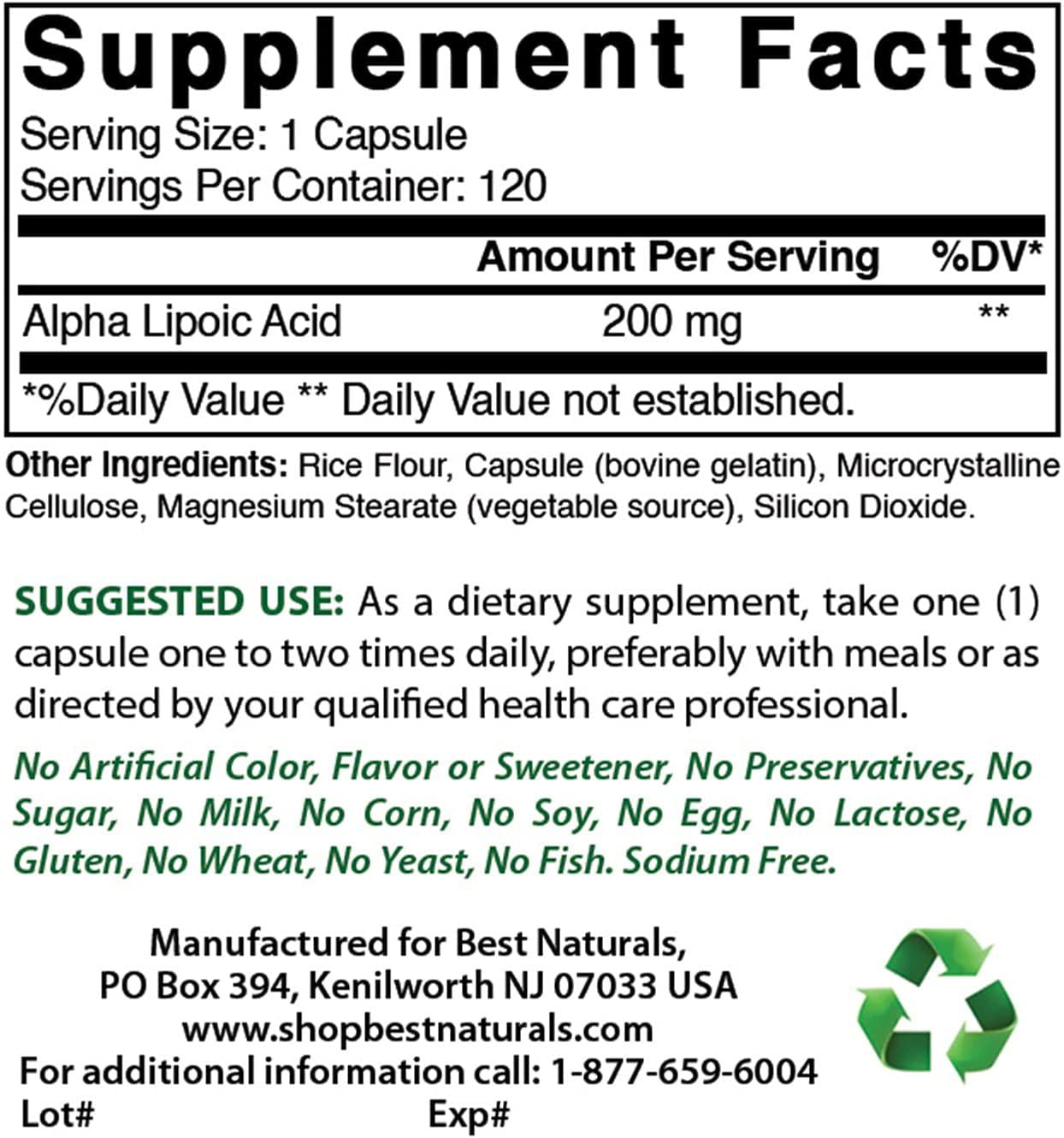 Best Naturals Alpha Lipoic Acid 200 Mg 120 Capsules