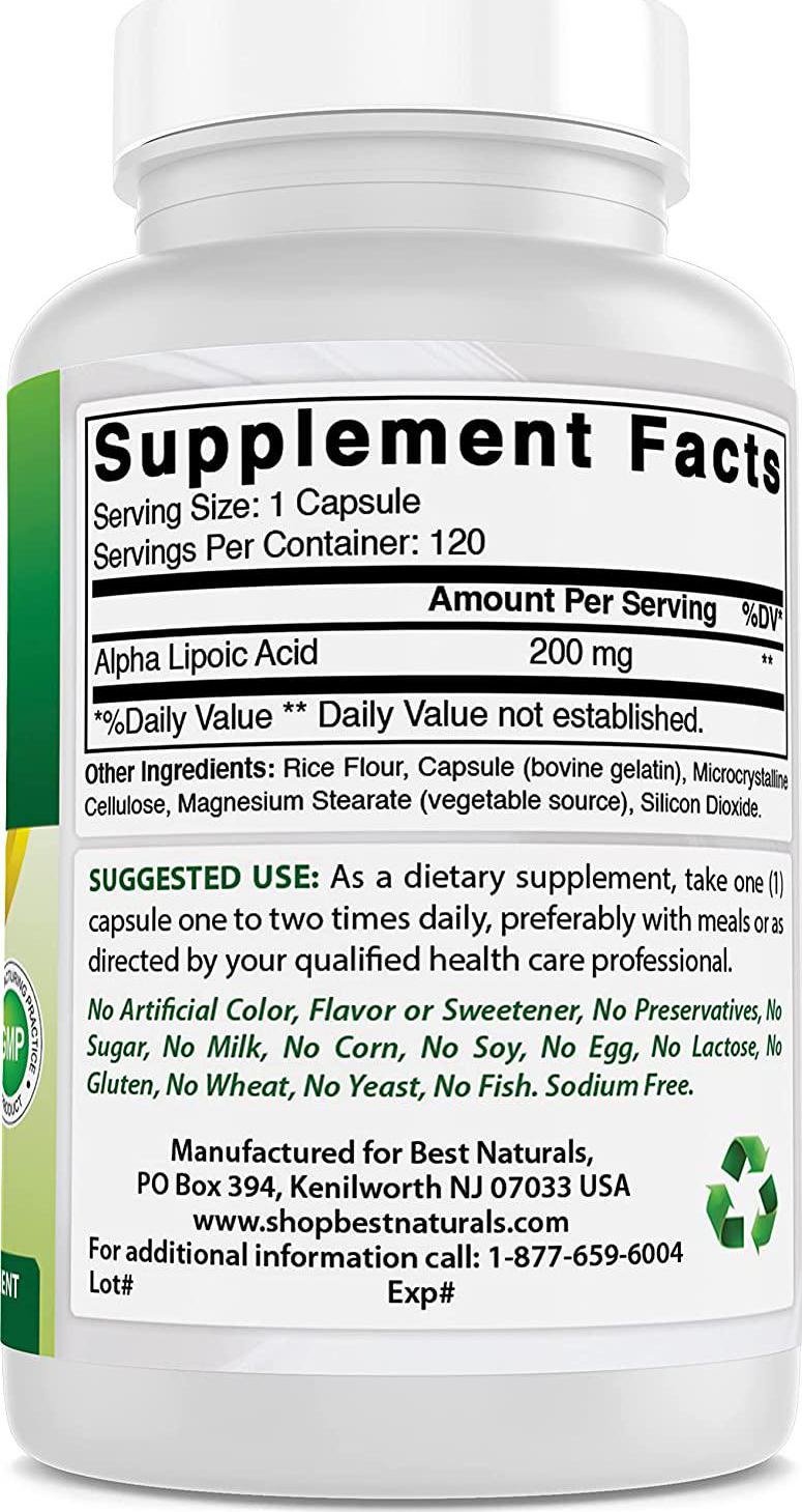 Best Naturals Alpha Lipoic Acid 200 Mg 120 Capsules