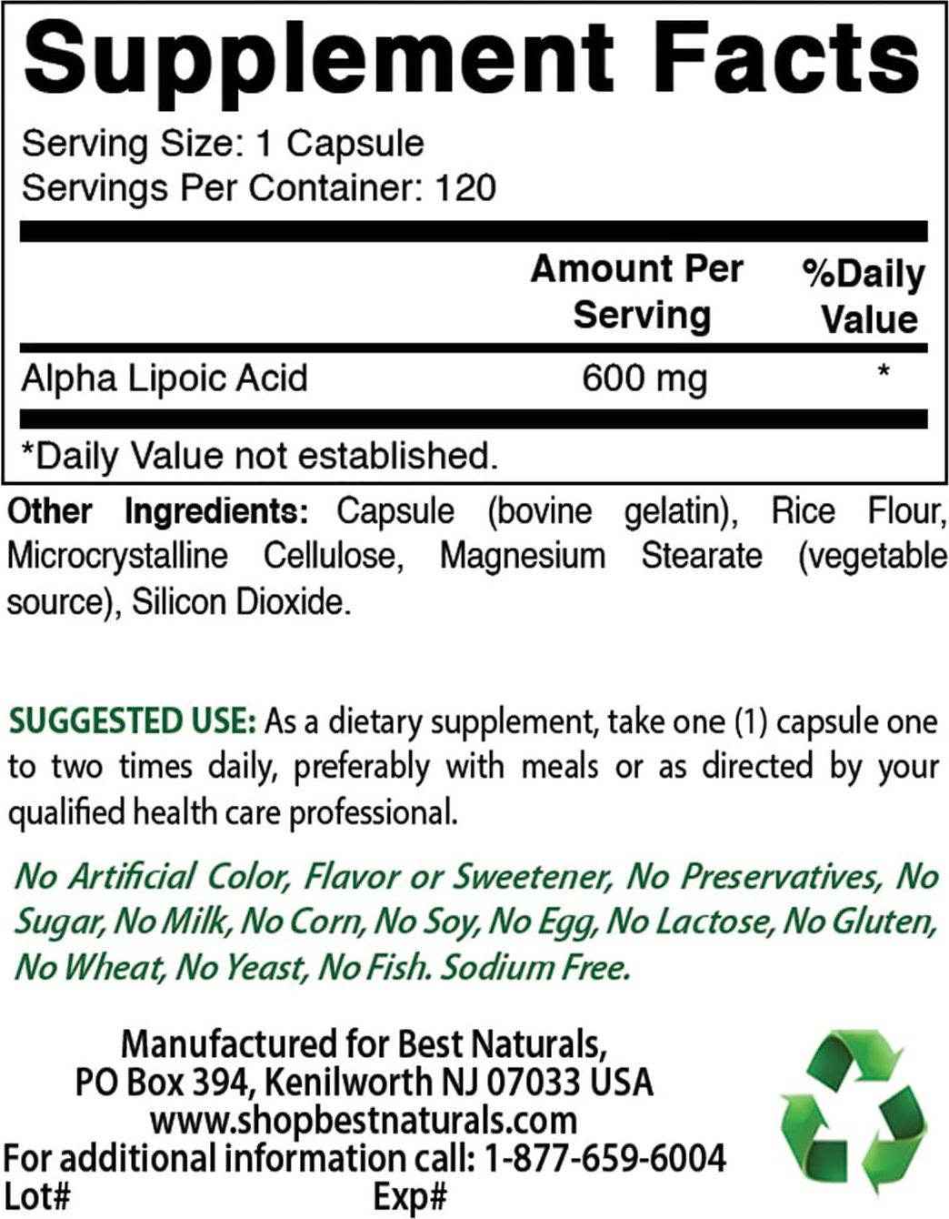 Best Naturals Alpha Liopic Acid 600 mg 120 Count - ALA Alpha Lipoic Acid Powerful Antioxidant