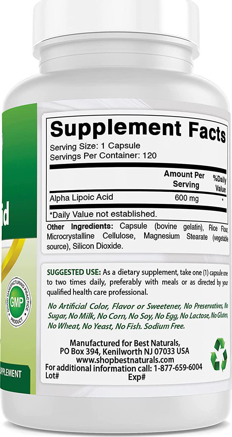 Best Naturals Alpha Liopic Acid 600 mg 120 Count - ALA Alpha Lipoic Acid Powerful Antioxidant