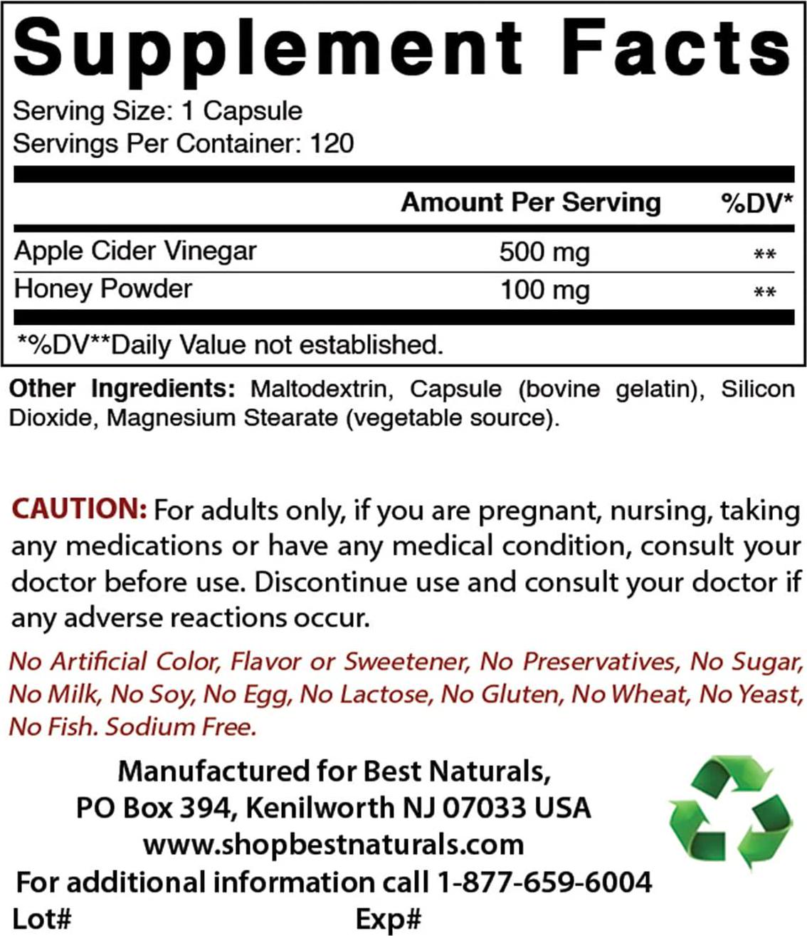 Best Naturals Apple Cider Vinegar Plus 500 Mg Capsules, 120 Count