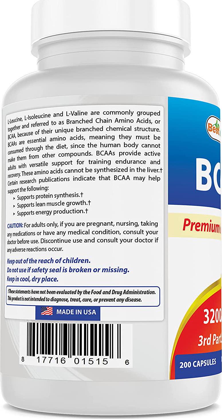 Best Naturals BCAA Branch Chain Amino Acid, 3200mg per Serving, 200 Capsules - Pharmaceutical Grade - 100% Pure Instantized Formula | Pre/Post Workout Bodybuilding Supplement | Boost Muscle Growth