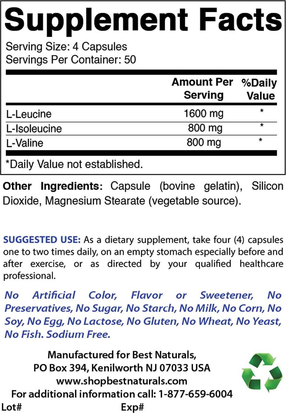 Best Naturals BCAA Branch Chain Amino Acid, 3200mg per Serving, 200 Capsules - Pharmaceutical Grade - 100% Pure Instantized Formula | Pre/Post Workout Bodybuilding Supplement | Boost Muscle Growth