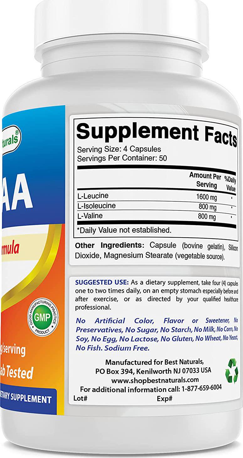 Best Naturals BCAA Branch Chain Amino Acid, 3200mg per Serving, 200 Capsules - Pharmaceutical Grade - 100% Pure Instantized Formula | Pre/Post Workout Bodybuilding Supplement | Boost Muscle Growth