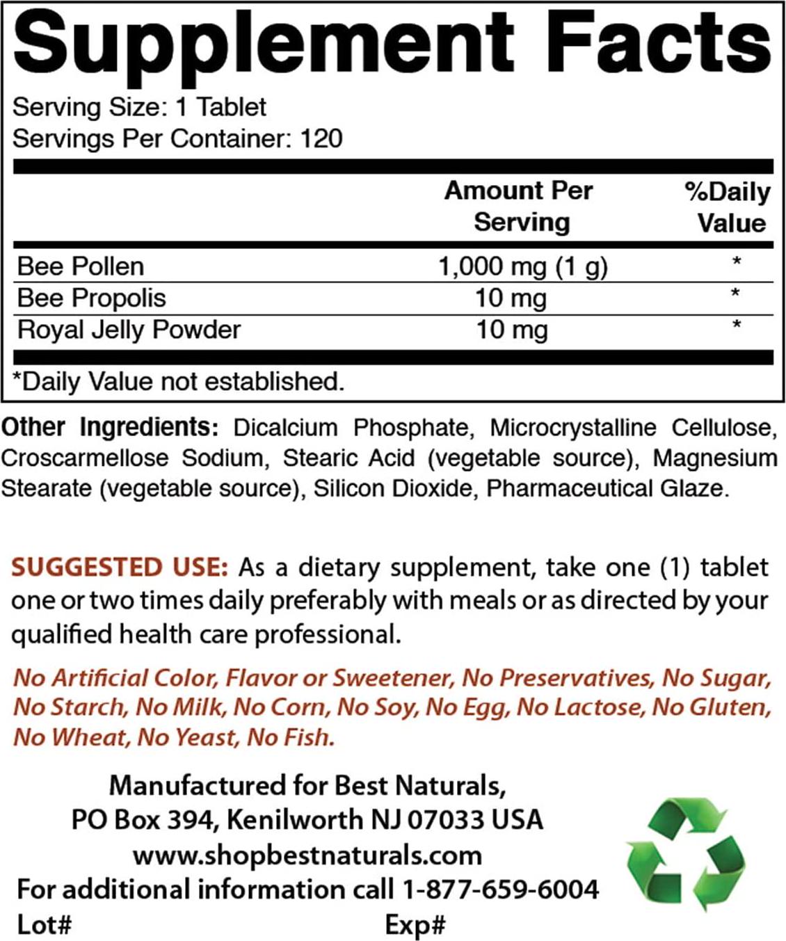 Best Naturals Bee Pollen Complex 1000 mg 120 Tablets