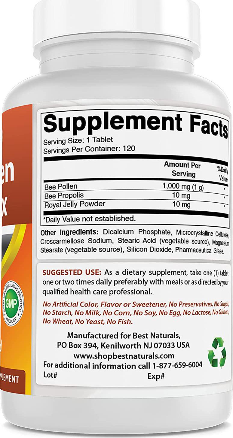Best Naturals Bee Pollen Complex 1000 mg 120 Tablets
