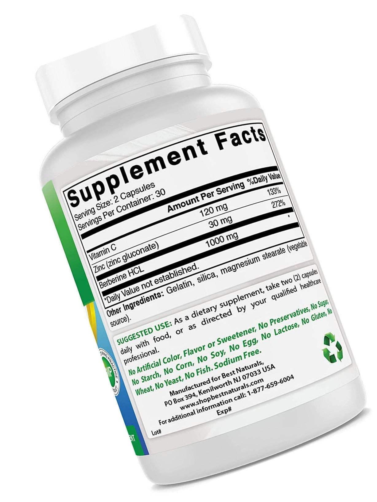 Best Naturals Berberine Plus 1000mg per Serving, (Non-GMO) 60 Capsules - Contains Berberine HCL 1000mg, Vitamin C 120mg and Zinc Gluconate 30 mg