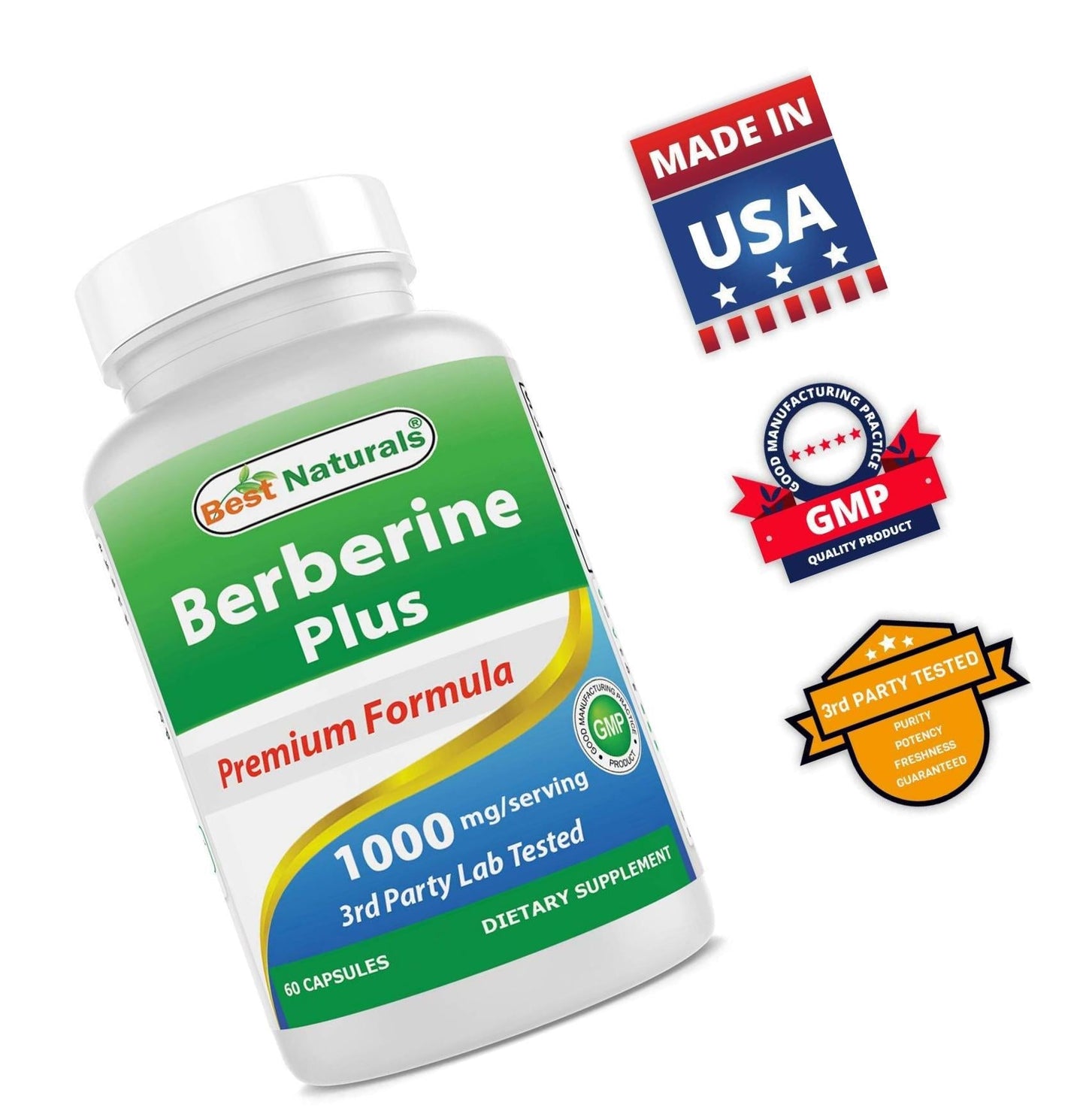 Best Naturals Berberine Plus 1000mg per Serving, (Non-GMO) 60 Capsules - Contains Berberine HCL 1000mg, Vitamin C 120mg and Zinc Gluconate 30 mg