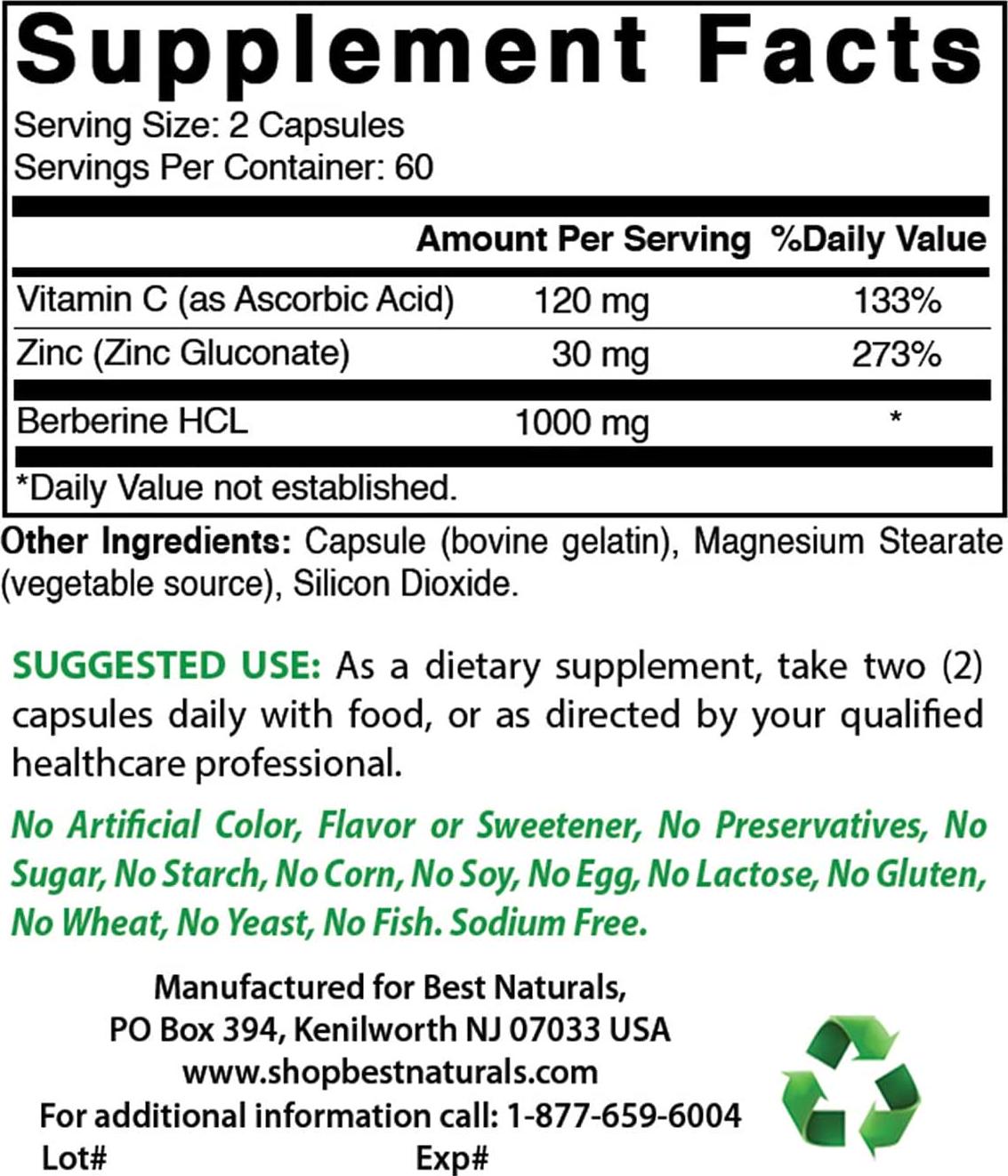 Best Naturals Berberine Plus 1000mg/Serving Supports Healthy Glucose Metabolism (Non-GMO) 120 Capsules