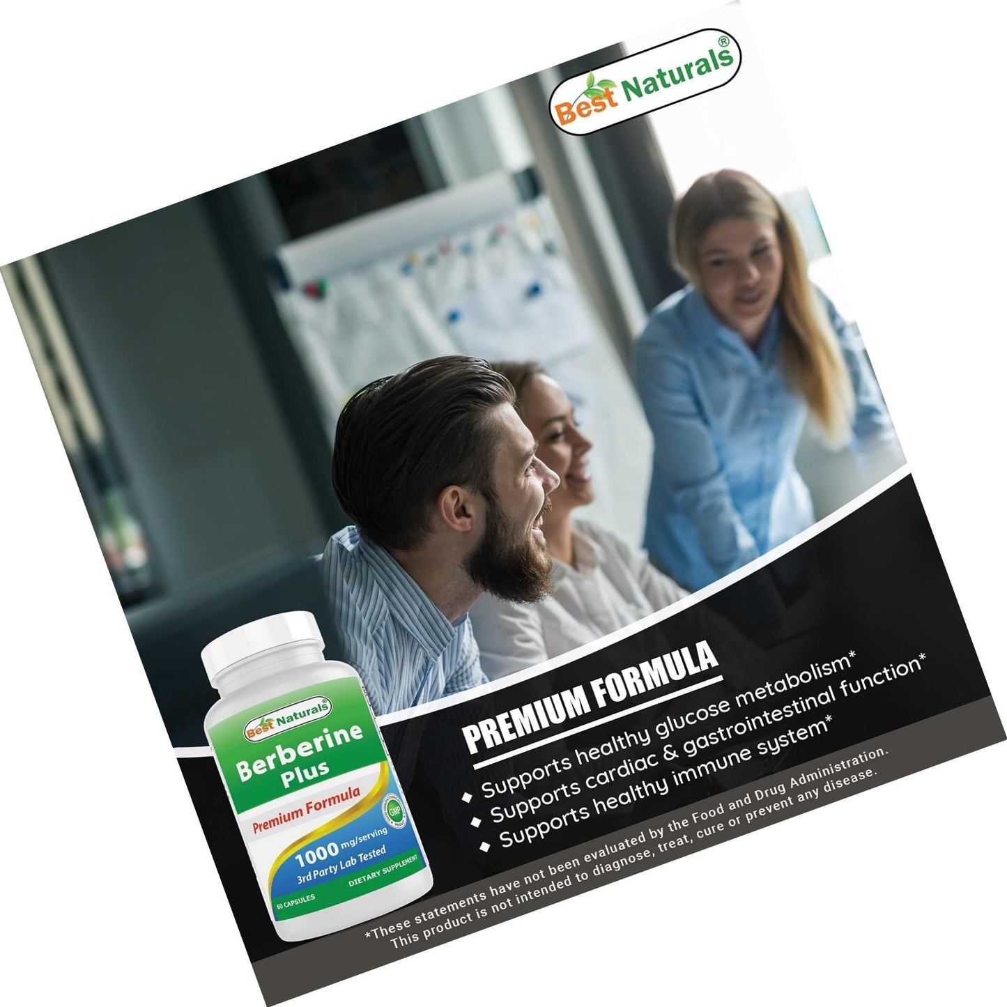 Best Naturals Berberine Plus 1000mg per Serving, (Non-GMO) 60 Capsules - Contains Berberine HCL 1000mg, Vitamin C 120mg and Zinc Gluconate 30 mg