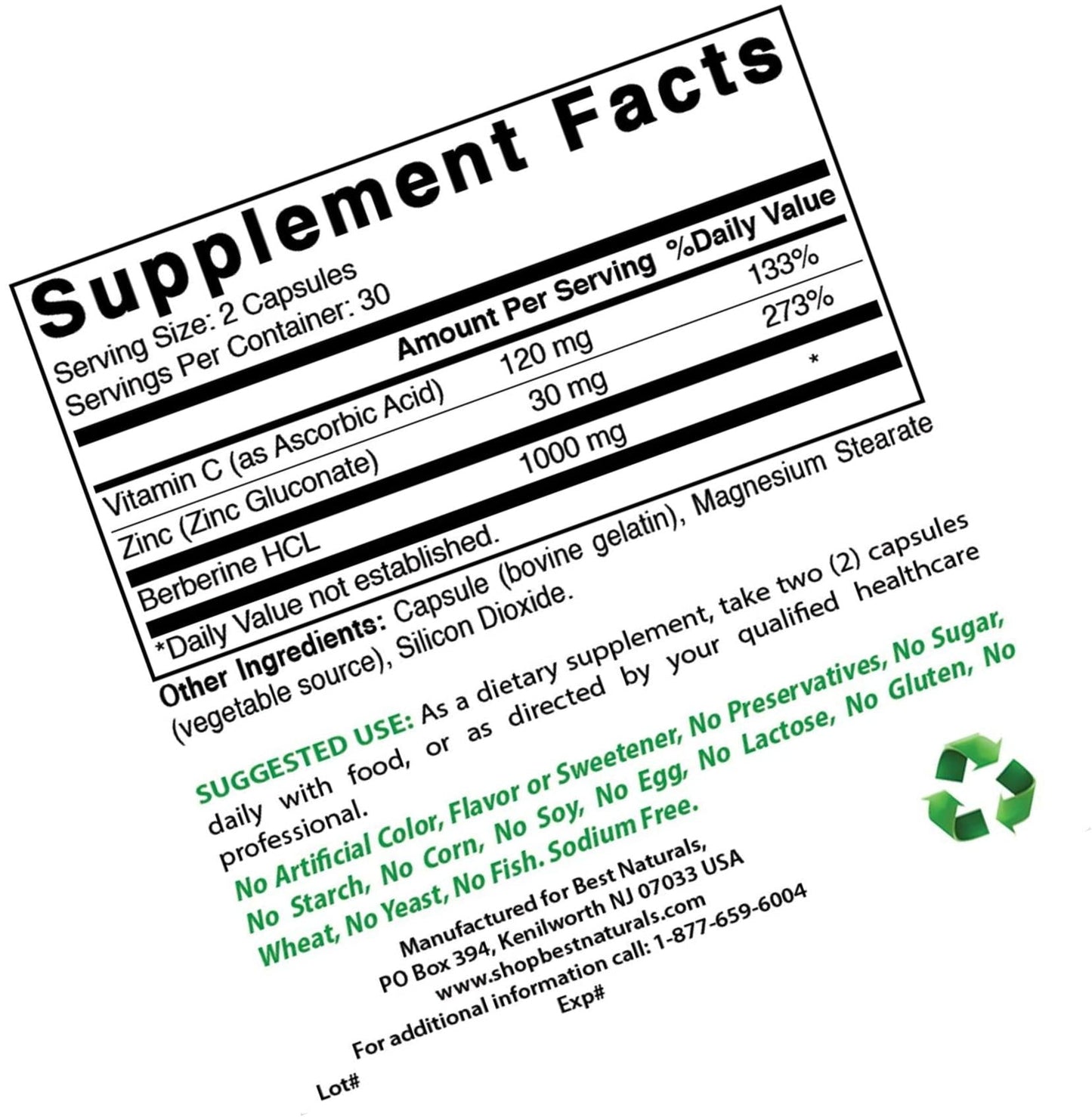 Best Naturals Berberine Plus 1000mg per Serving, (Non-GMO) 60 Capsules - Contains Berberine HCL 1000mg, Vitamin C 120mg and Zinc Gluconate 30 mg