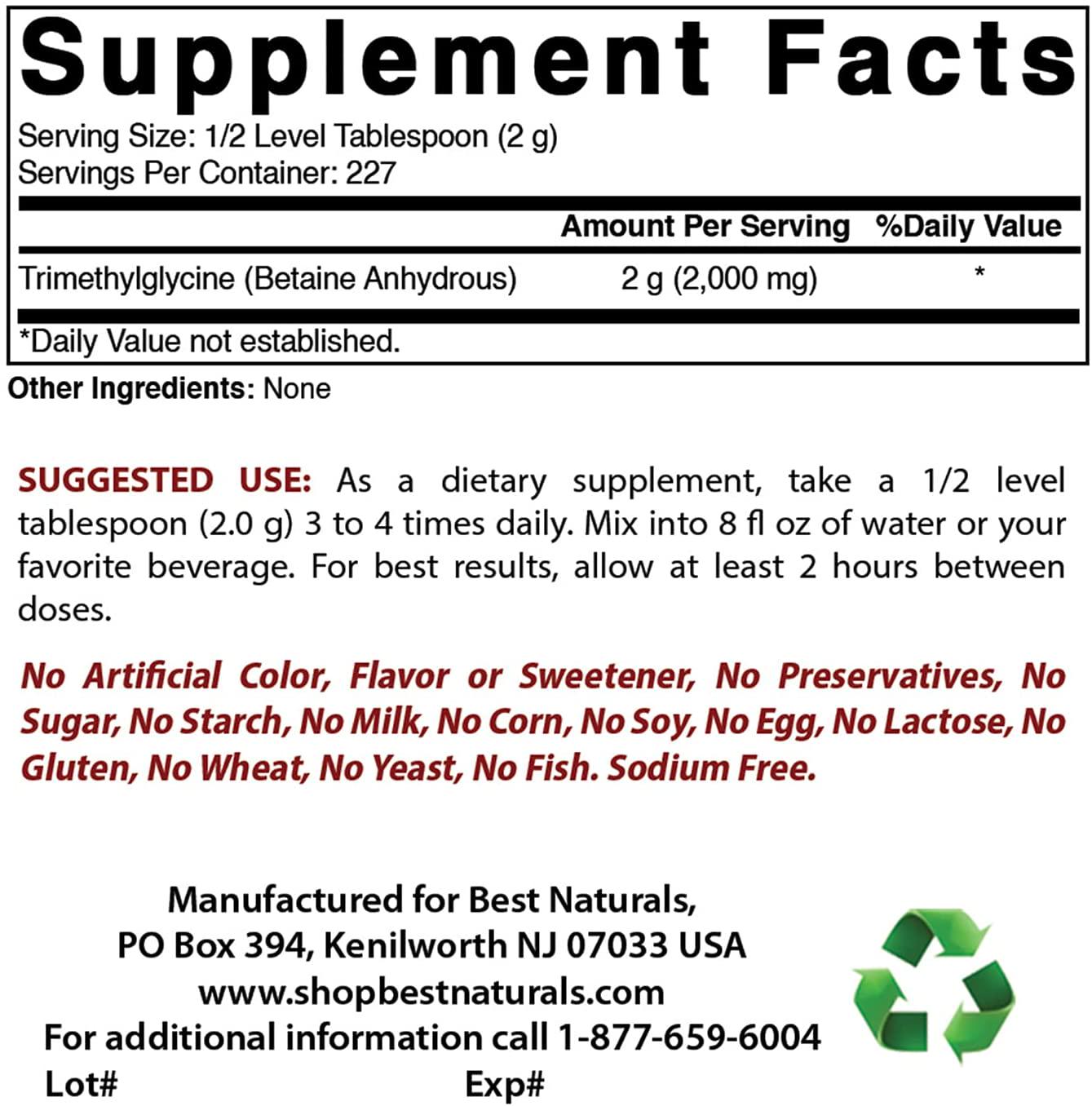 Best Naturals Betaine Anhydrous Trimethylglycine (TMG) Pure Powder 1 Pound