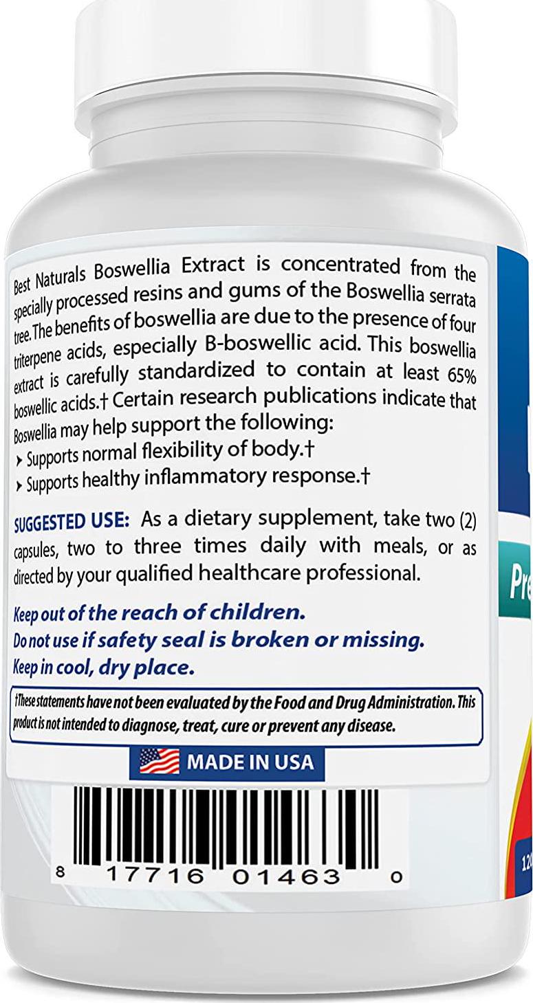 Best Naturals Boswellia Serrata Joint Health 250 mg 120 Capsules - Standardized to 65% Boswellic Acid