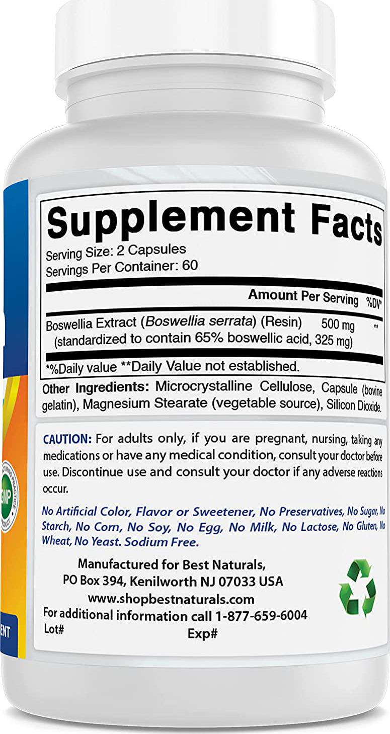 Best Naturals Boswellia Serrata Joint Health 250 mg 120 Capsules - Standardized to 65% Boswellic Acid